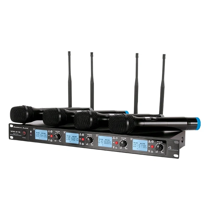American Audio WM1419 Set de 4 Micrófonos Inalámbricos de Mano Multifrecuecia con Alcance de 90 Metros